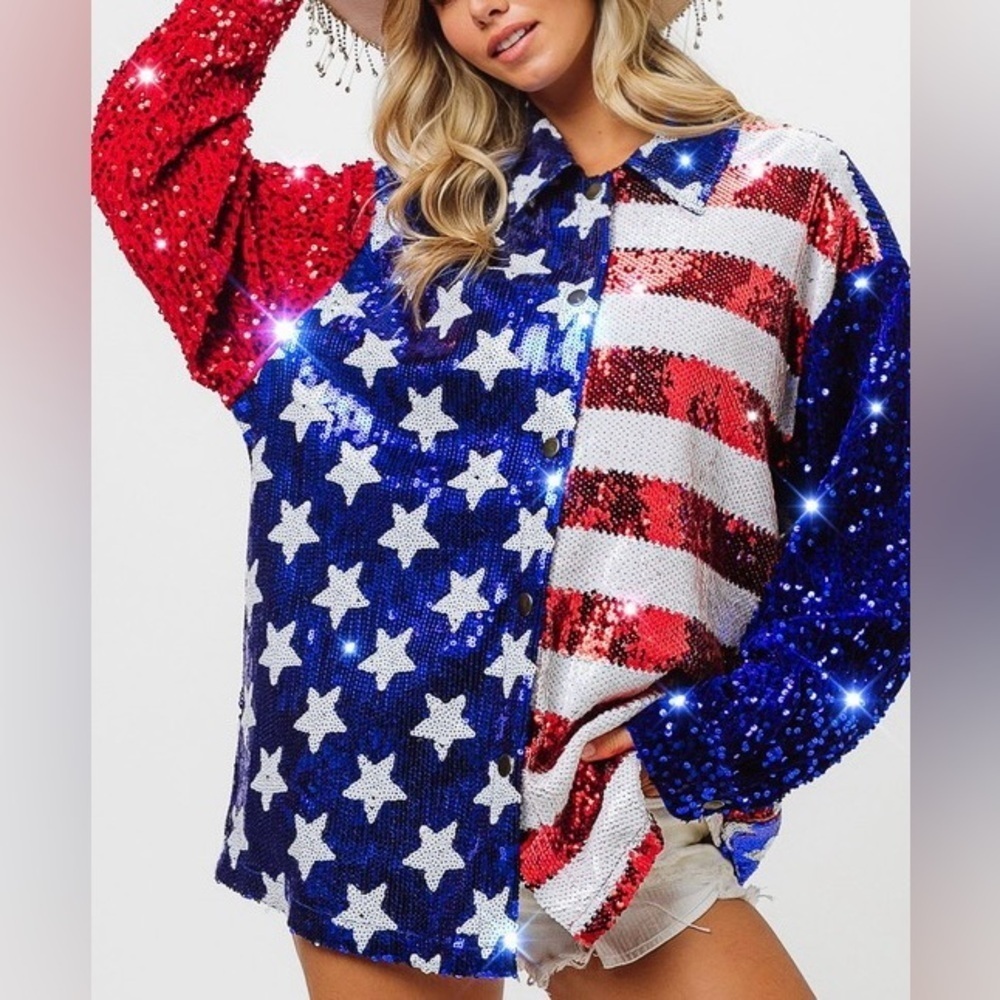 Velvet Sequin Sleeve American Flag Theme Shirt 1 left small - Picture 6 of 7